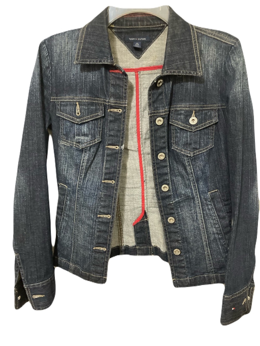 Tommy Hilfiger Distressed Dark Blue Denim Trucker Jacket with Red Trim